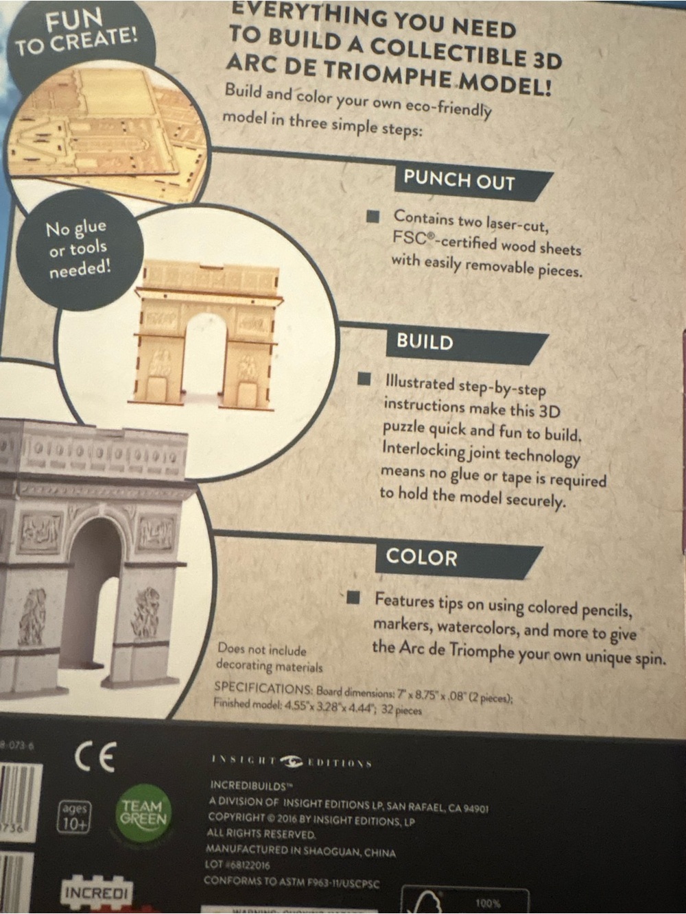 Aris Natural Wood 3D Arc de Triomphe Model Kit - Beige Wood